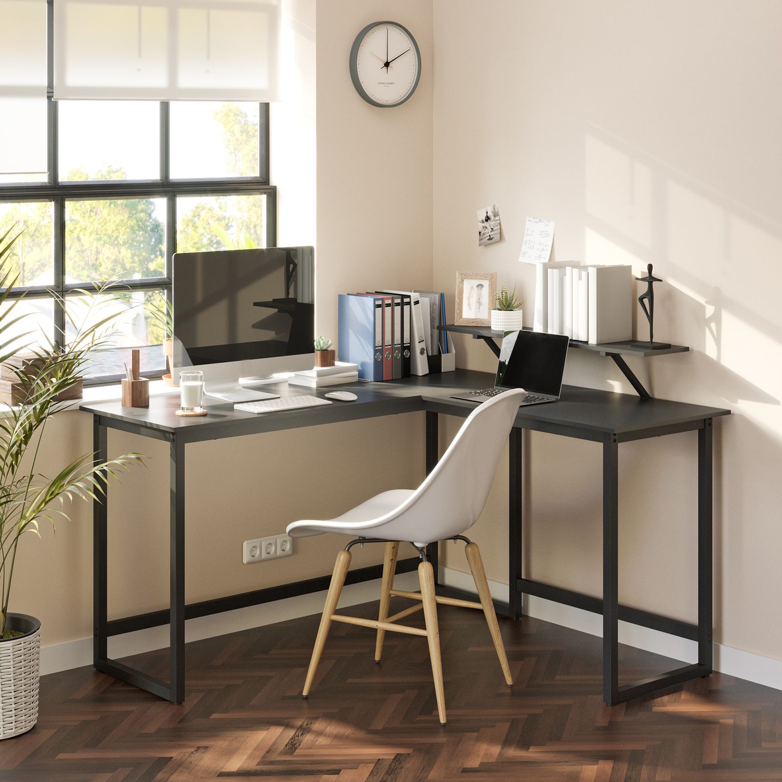 L-Shaped Desk – Wood and Metal – Rustic Brown and Black – Integrated Monitor Stand and Space-Saving Design
