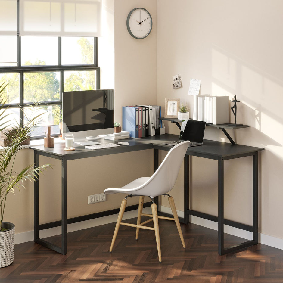 L-Shaped Desk – Wood and Metal – Rustic Brown and Black – Integrated Monitor Stand and Space-Saving Design