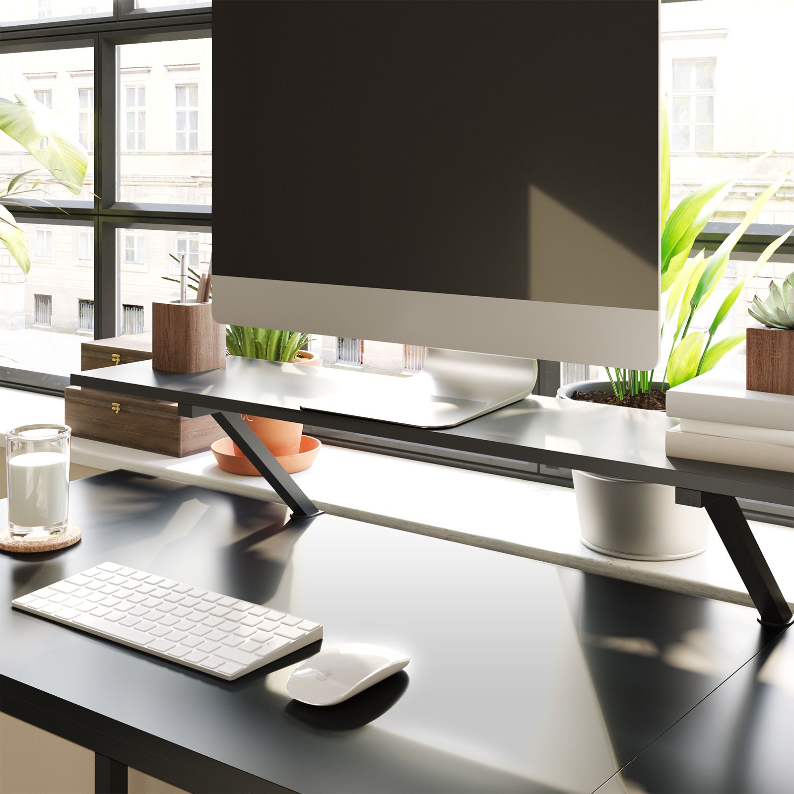 L-Shaped Desk – Wood and Metal – Rustic Brown and Black – Integrated Monitor Stand and Space-Saving Design