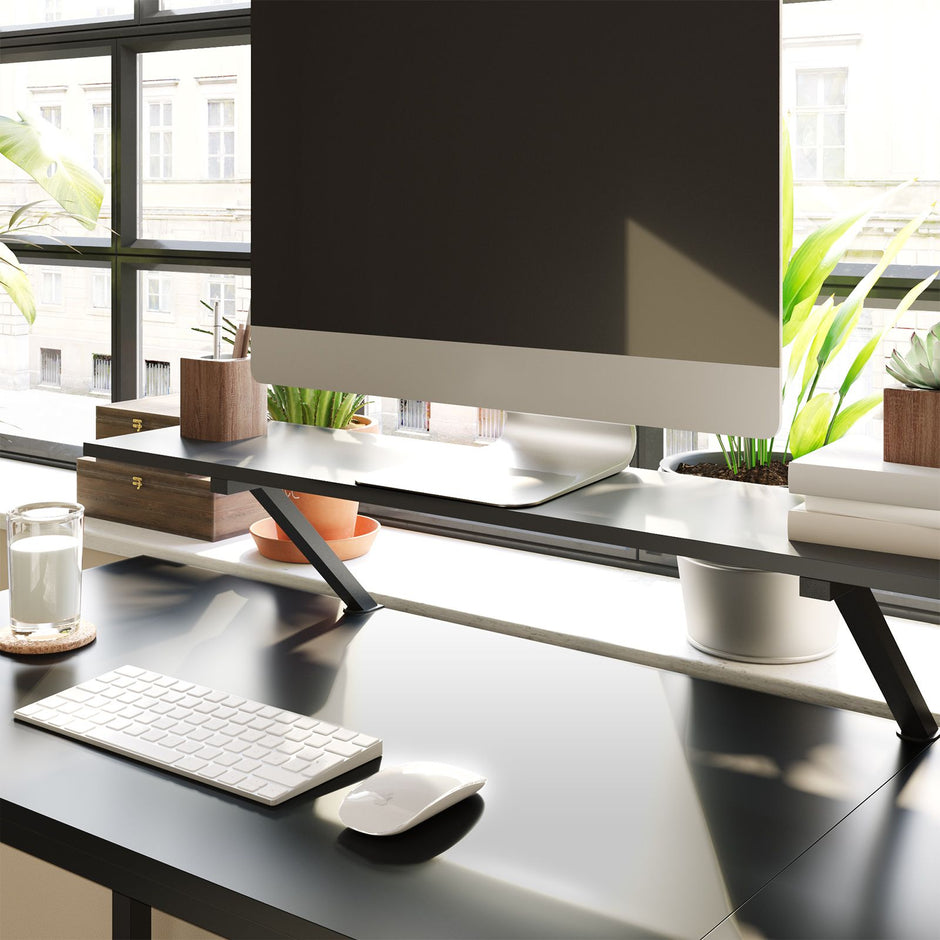 L-Shaped Desk – Wood and Metal – Rustic Brown and Black – Integrated Monitor Stand and Space-Saving Design