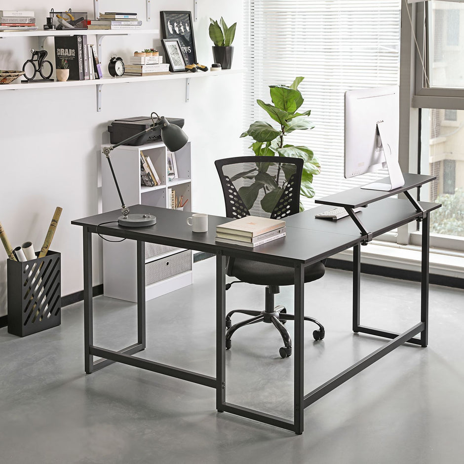 L-Shaped Desk – Wood and Metal – Rustic Brown and Black – Integrated Monitor Stand and Space-Saving Design