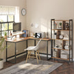 L-Shaped Writing Desk – Wood and Metal – Rustic Brown and Black – Industrial Corner Design with Monitor Stand
