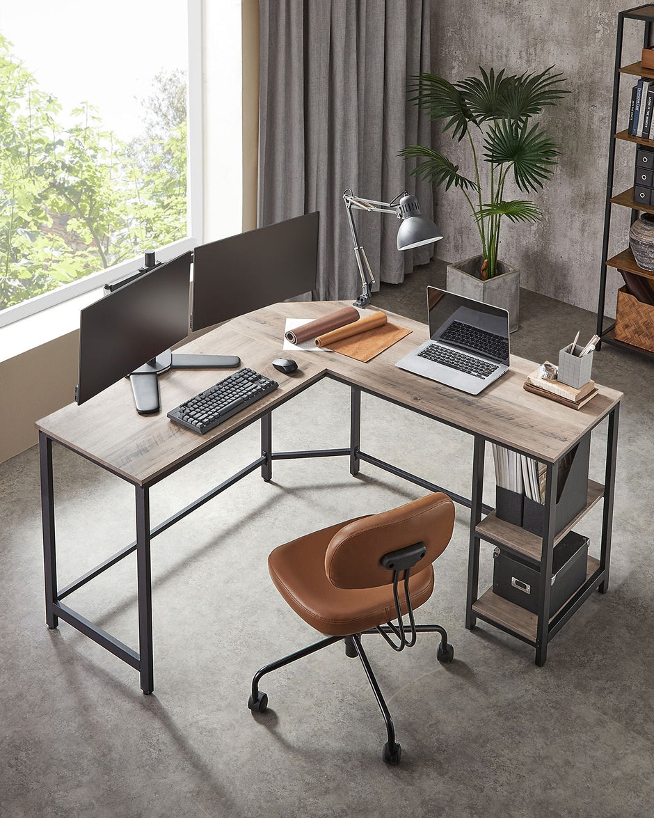 Corner Desk – Wood – Rustic Brown – Space-Saving L-Shaped Workstation with Shelf