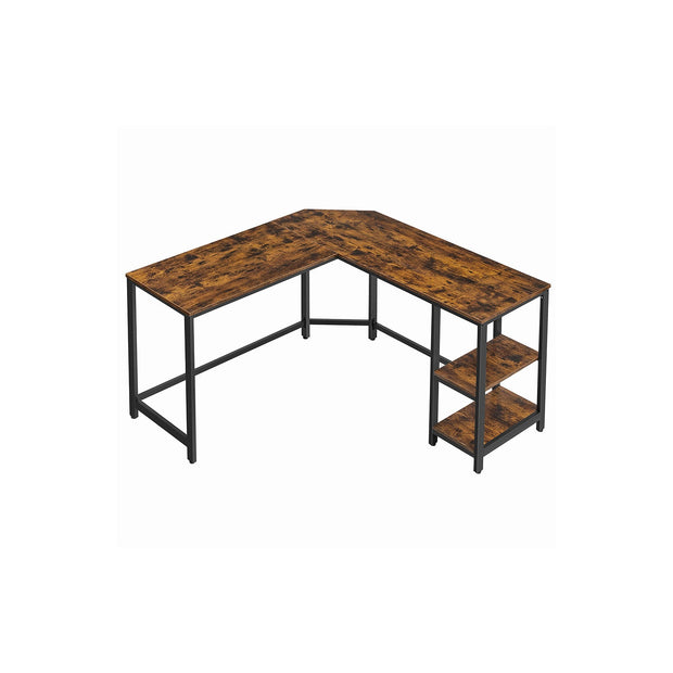 L-Shaped Writing Desk – Wood – Rustic Brown – Space-Saving with Shelf