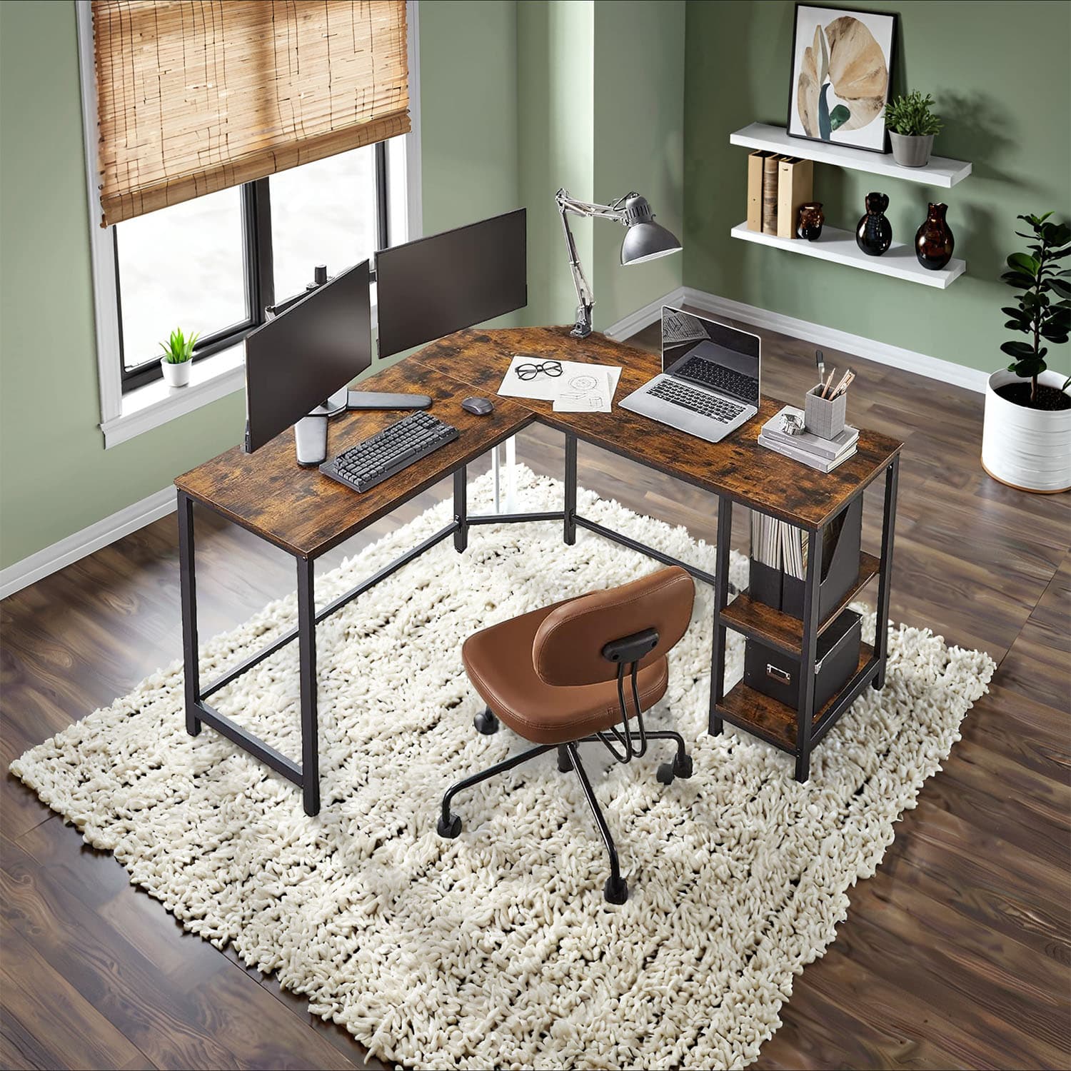 L-Shaped Office Desk – Wood – Brown and Black – Space-Saving Corner Design with 2 Shelves