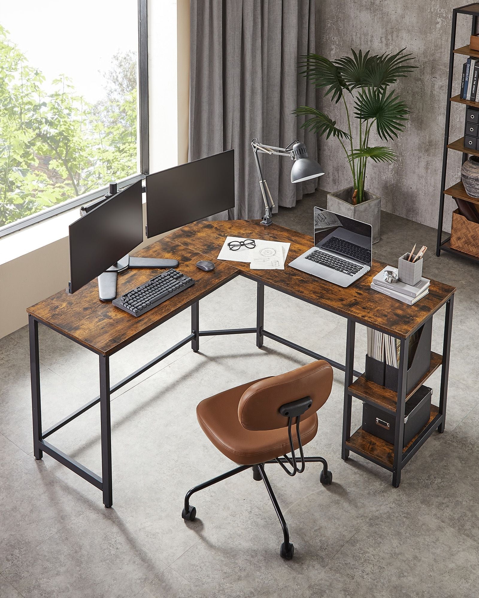 L-Shaped Writing Desk – Wood – Rustic Brown – Space-Saving with Shelf