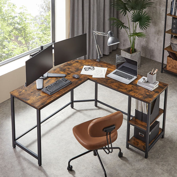 L-Shaped Writing Desk – Wood – Rustic Brown – Space-Saving with Shelf