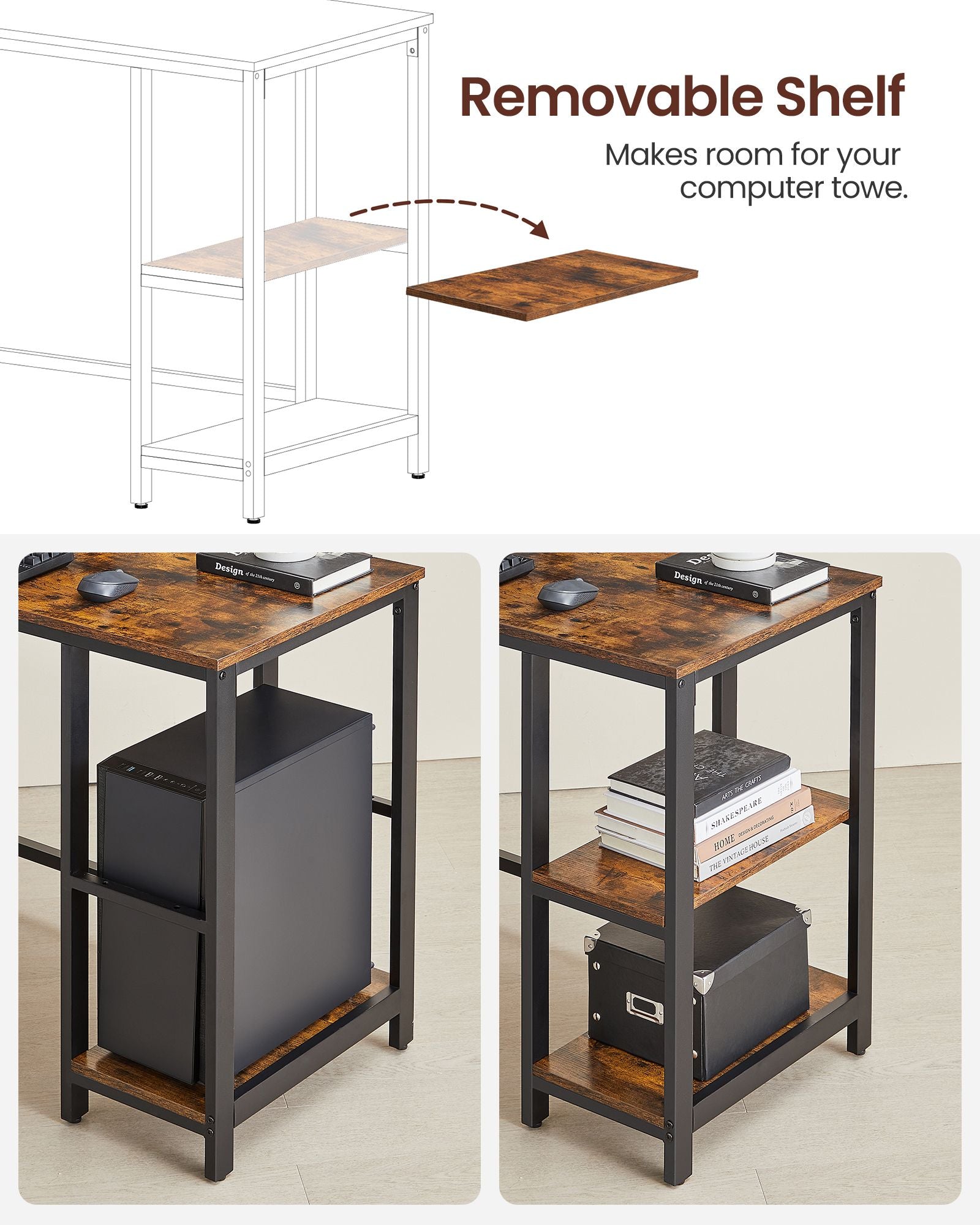 L-Shaped Writing Desk – Wood – Rustic Brown – Space-Saving with Shelf