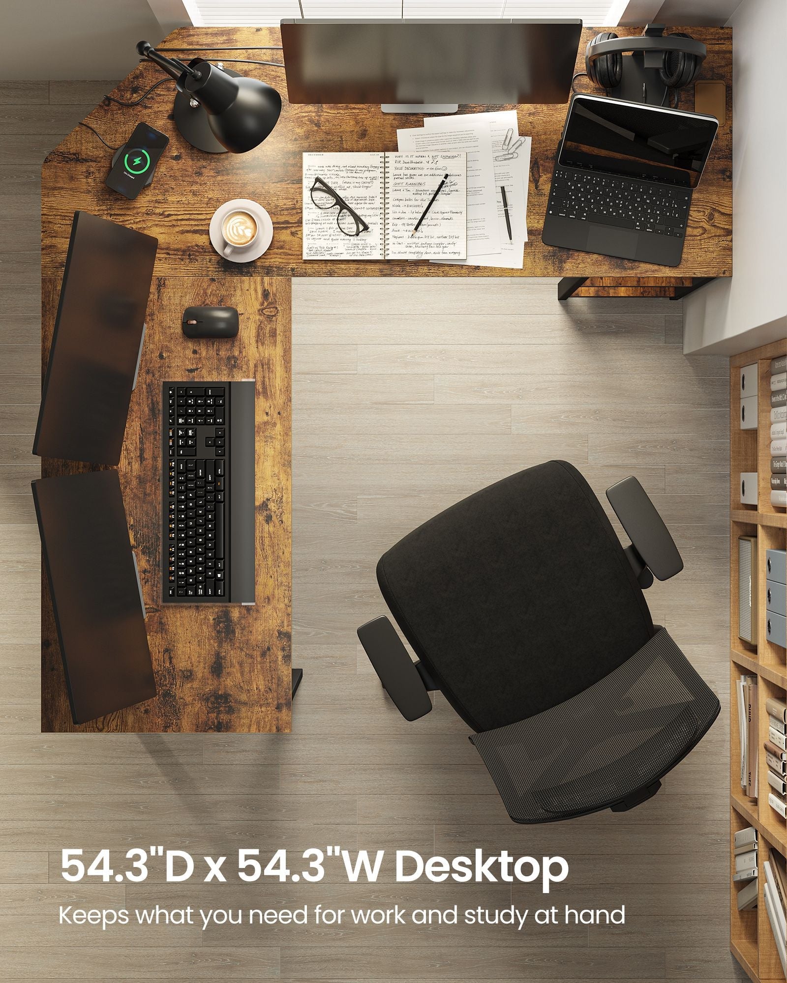 L-Shaped Writing Desk – Wood – Rustic Brown – Space-Saving with Shelf