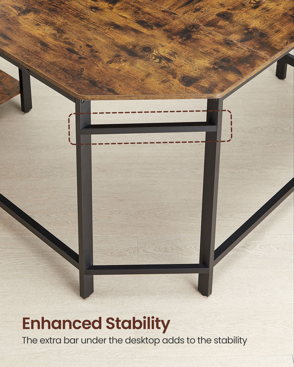 L-Shaped Writing Desk – Wood – Rustic Brown – Space-Saving with Shelf