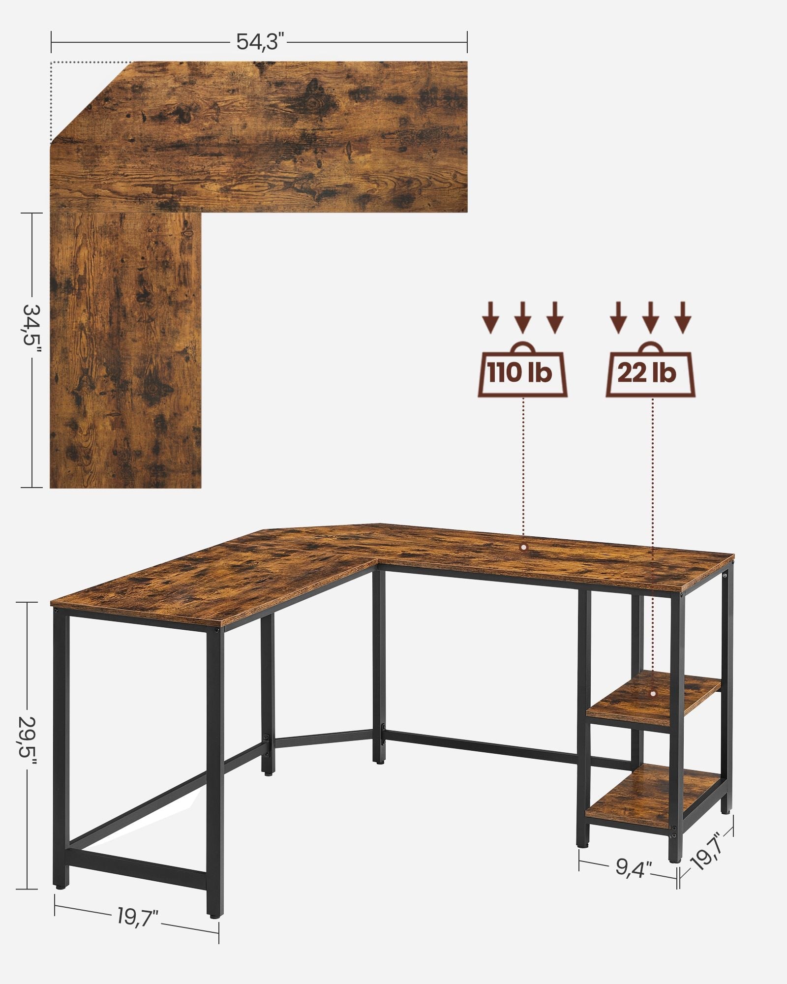 L-Shaped Writing Desk – Wood – Rustic Brown – Space-Saving with Shelf