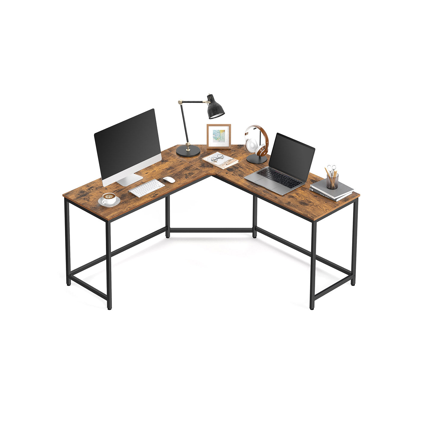 L-Shaped Corner Desk – Wood and Metal – Greige and Black – Space-Saving Industrial Design