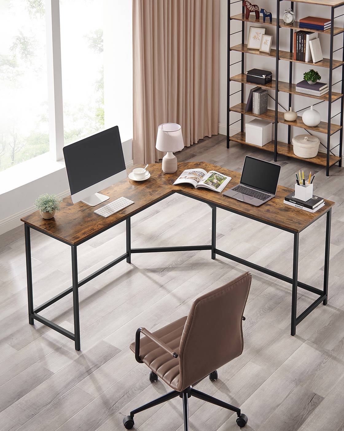 L-Shaped Corner Desk – Wood and Metal – Greige and Black – Space-Saving Industrial Design