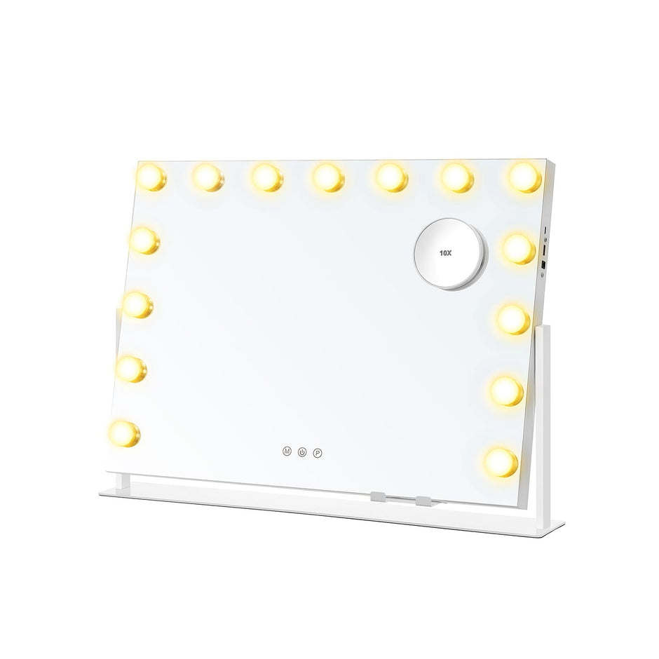 Vanity Makeup Mirror – Matte White – Touch Control, 15 Dimmable LED Bulbs, 3 Colour Temperatures, Detachable 10X Magnifying Mirror
