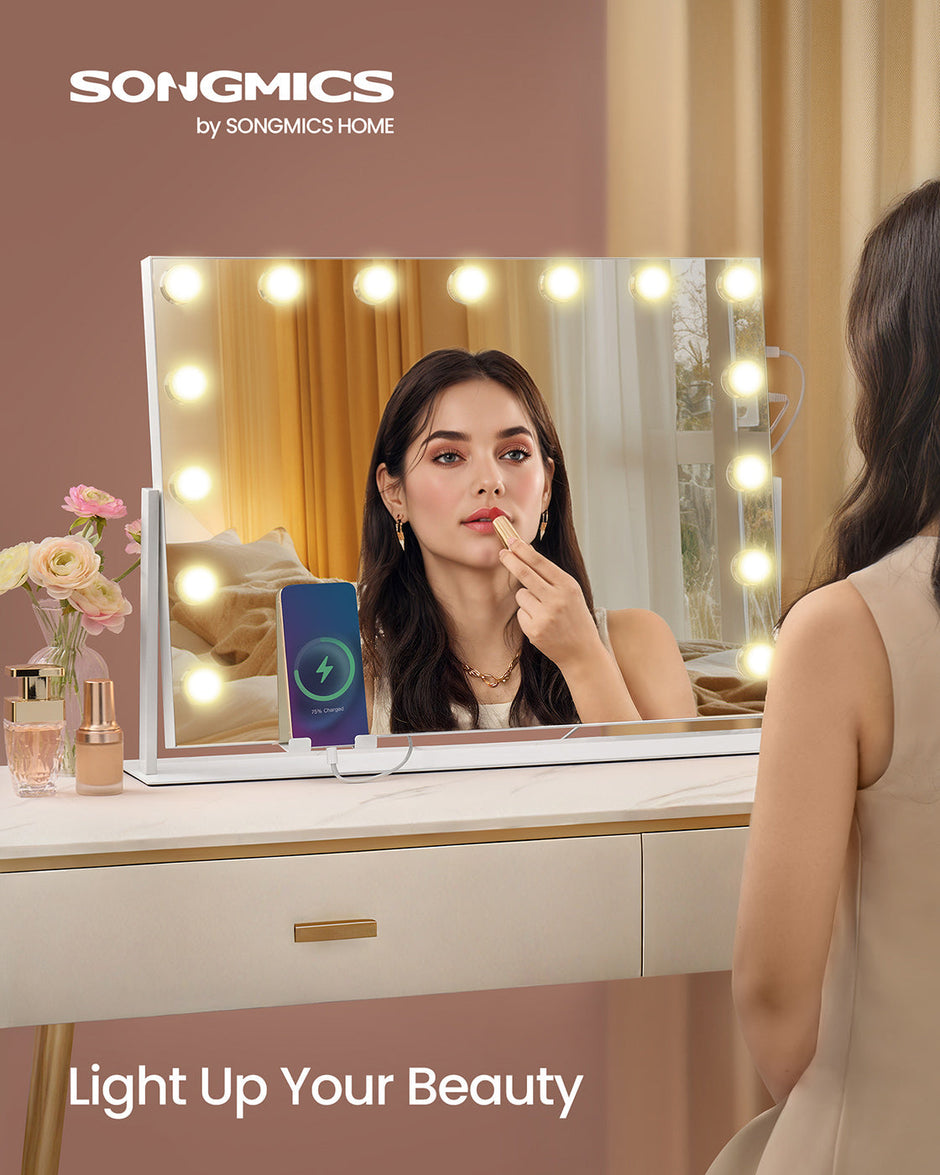 Vanity Makeup Mirror – Matte White – Touch Control, 15 Dimmable LED Bulbs, 3 Colour Temperatures, Detachable 10X Magnifying Mirror