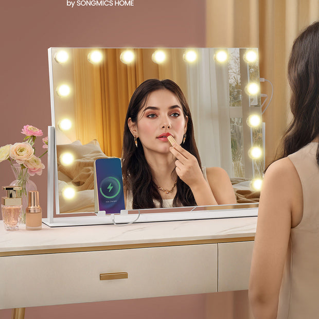 Vanity Makeup Mirror – Matte White – Touch Control, 15 Dimmable LED Bulbs, 3 Colour Temperatures, Detachable 10X Magnifying Mirror