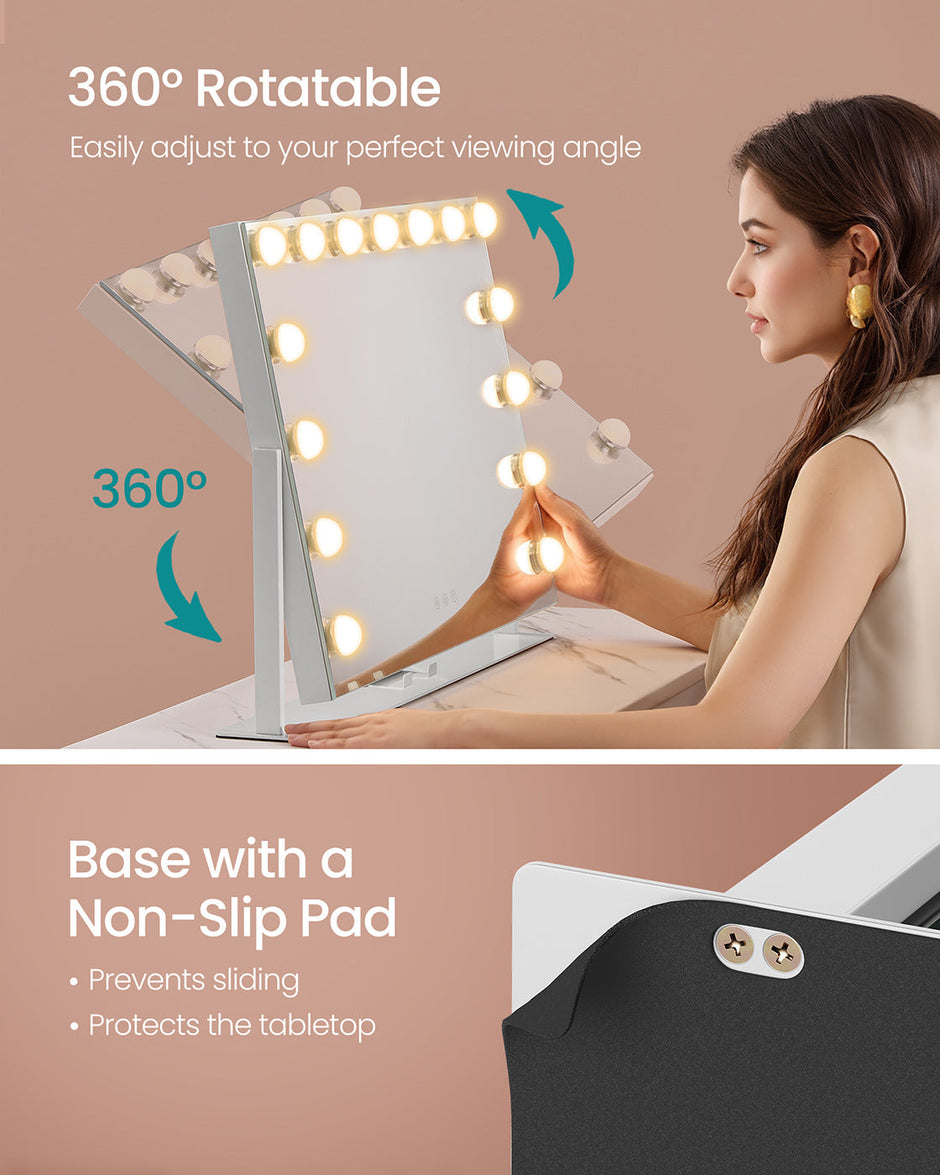 Vanity Makeup Mirror – Matte White – Touch Control, 15 Dimmable LED Bulbs, 3 Colour Temperatures, Detachable 10X Magnifying Mirror