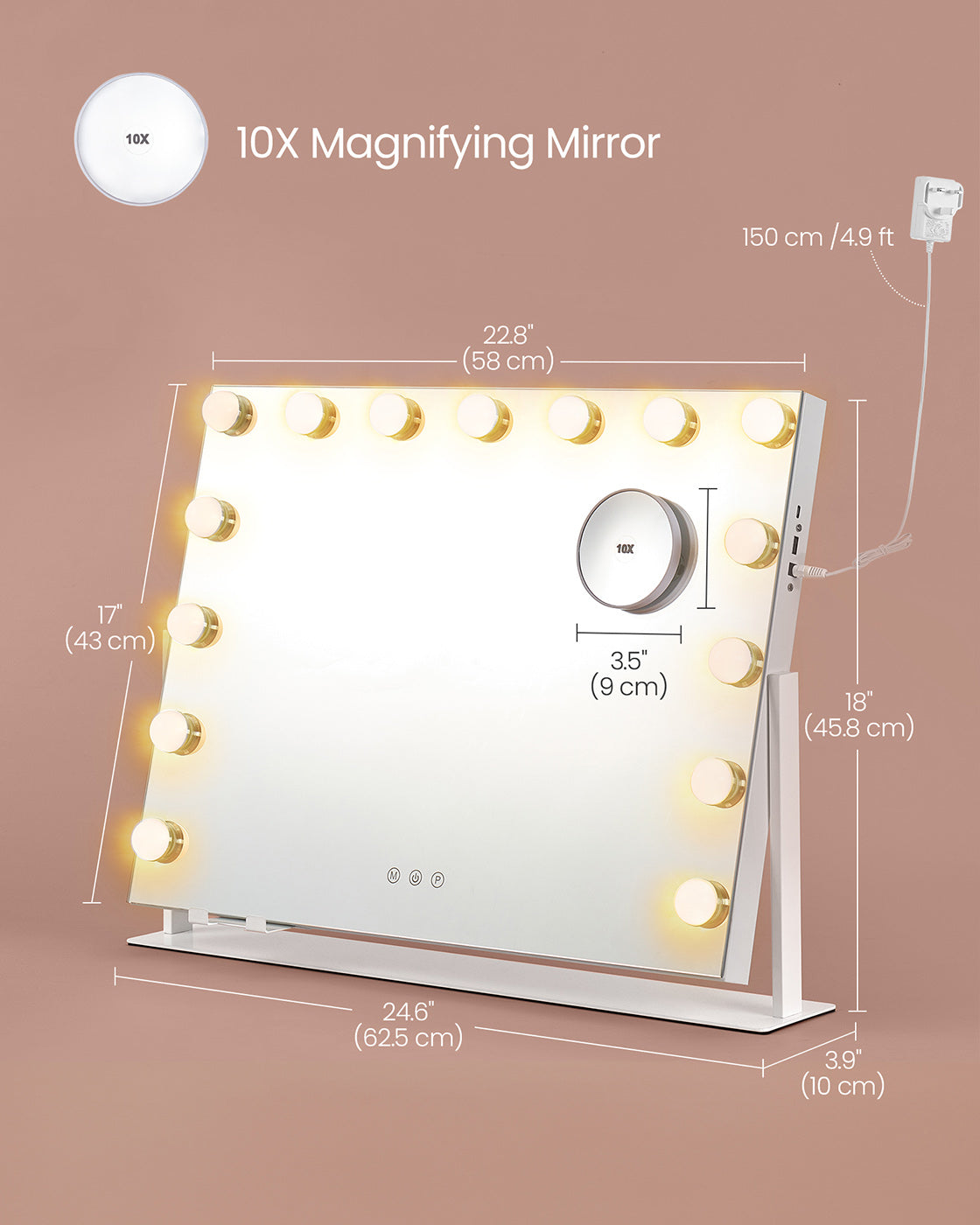 Vanity Makeup Mirror – Matte White – Touch Control, 15 Dimmable LED Bulbs, 3 Colour Temperatures, Detachable 10X Magnifying Mirror