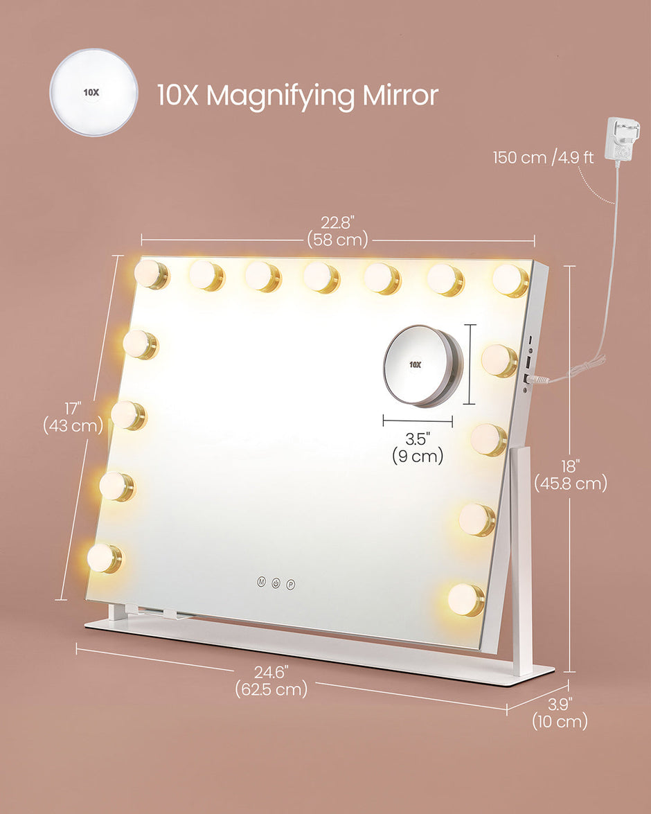 Vanity Makeup Mirror – Matte White – Touch Control, 15 Dimmable LED Bulbs, 3 Colour Temperatures, Detachable 10X Magnifying Mirror