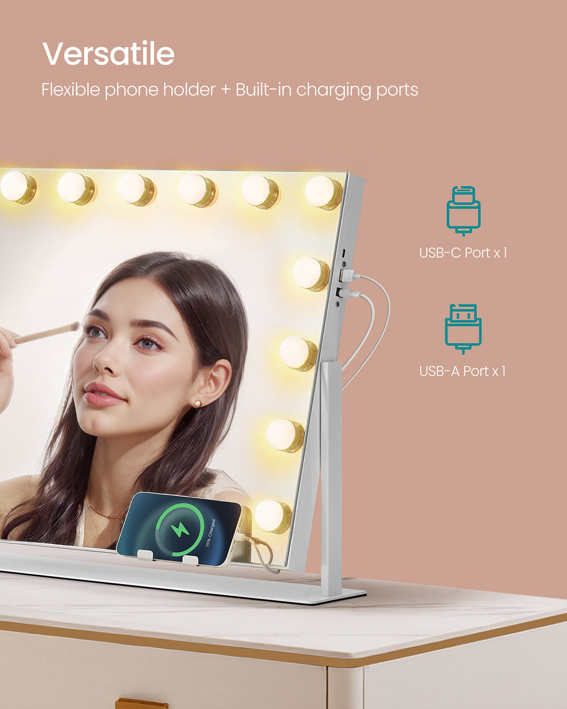 Vanity Makeup Mirror – Matte White – Touch Control, 15 Dimmable LED Bulbs, 3 Colour Temperatures, Detachable 10X Magnifying Mirror