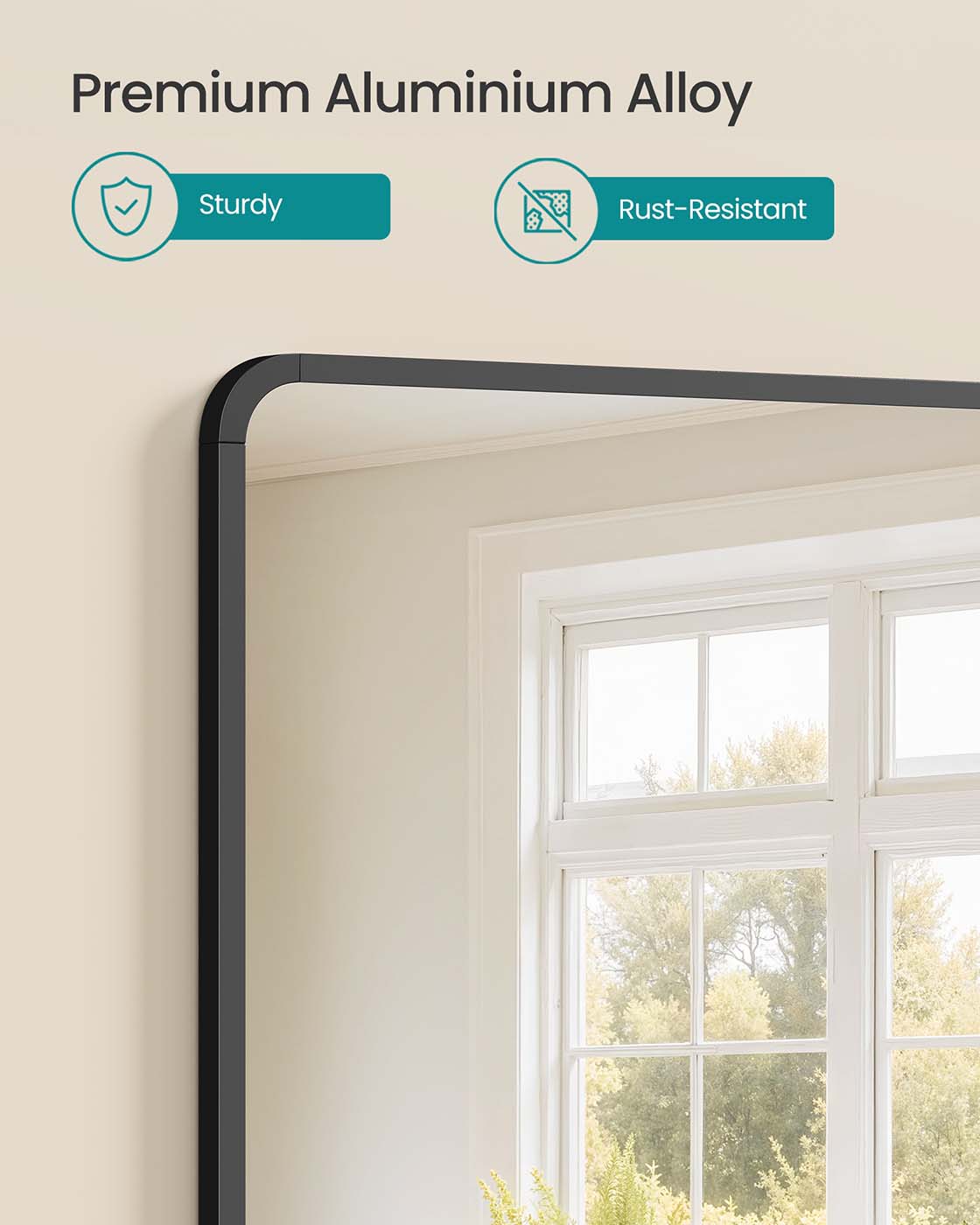 Wall Mounted Rectangular Mirror – Aluminium – Ink Black – Safety Film with Two Mounting Options