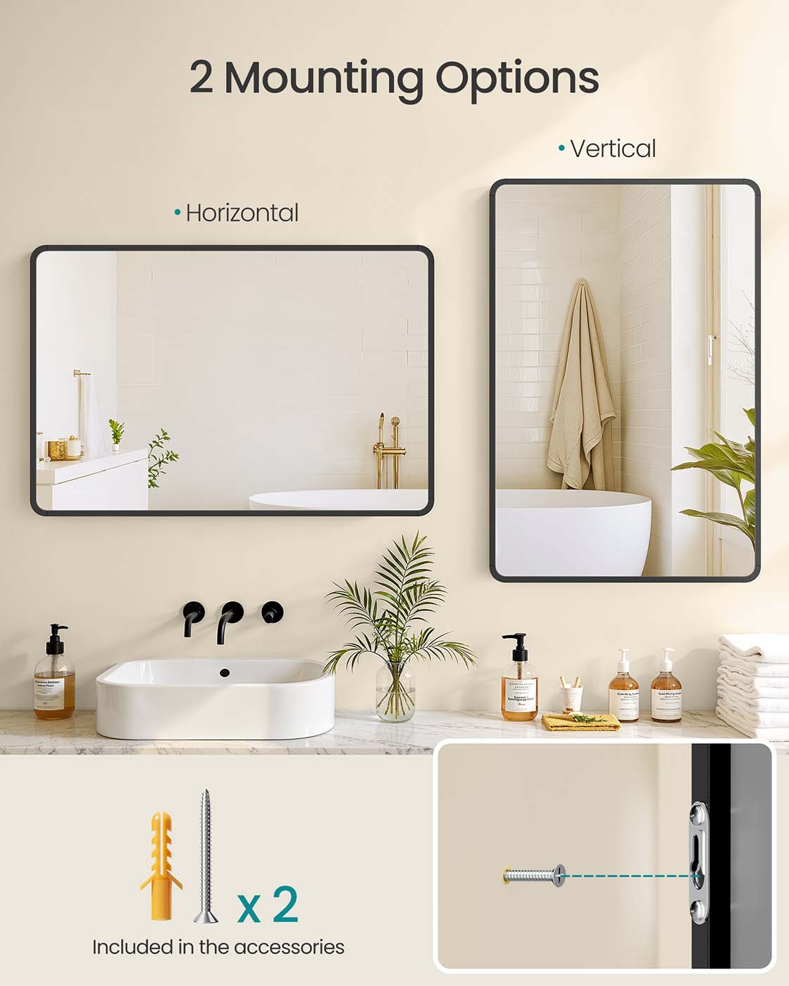 Wall Mounted Rectangular Mirror – Aluminium – Ink Black – Safety Film with Two Mounting Options