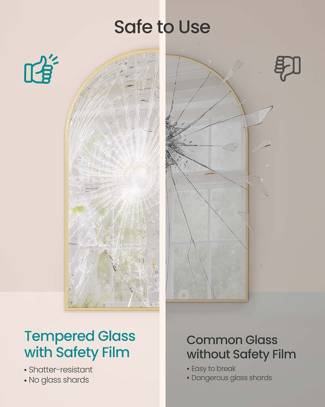 Arched Wall Mirror – Aluminium – Ink Black – Safety Film, Easy Installation