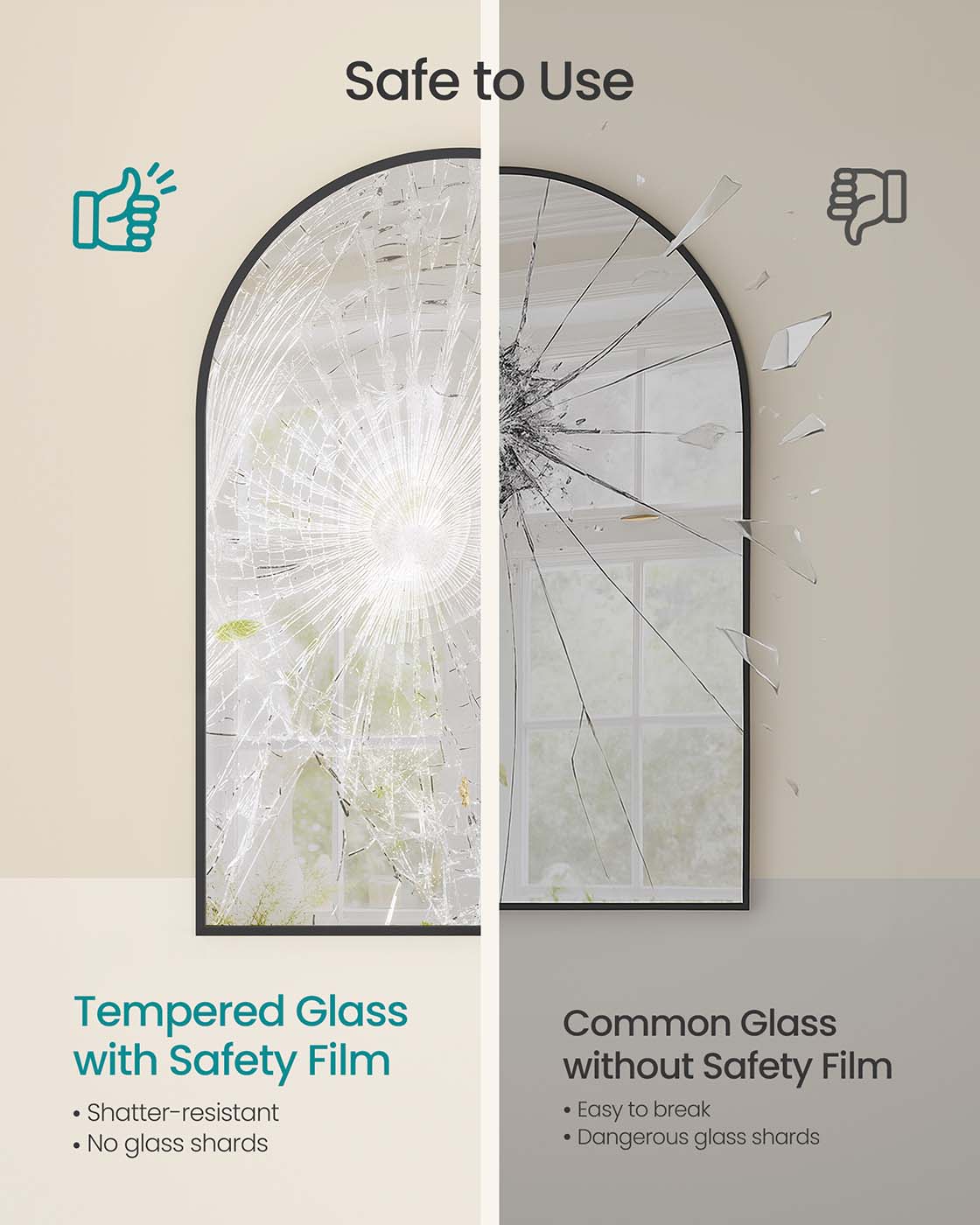 Arched Wall Mirror – Aluminium – Ink Black – Safety Film, Easy Installation