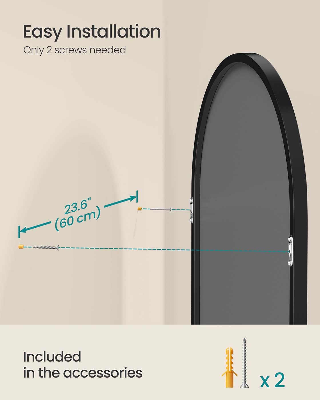 Arched Wall Mirror – Aluminium – Ink Black – Safety Film, Easy Installation