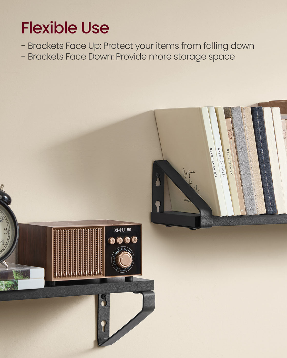 Set of 3 Floating Wall Shelves – Wood and Metal – Ink Black and Matte Black – Dual Mounting Options