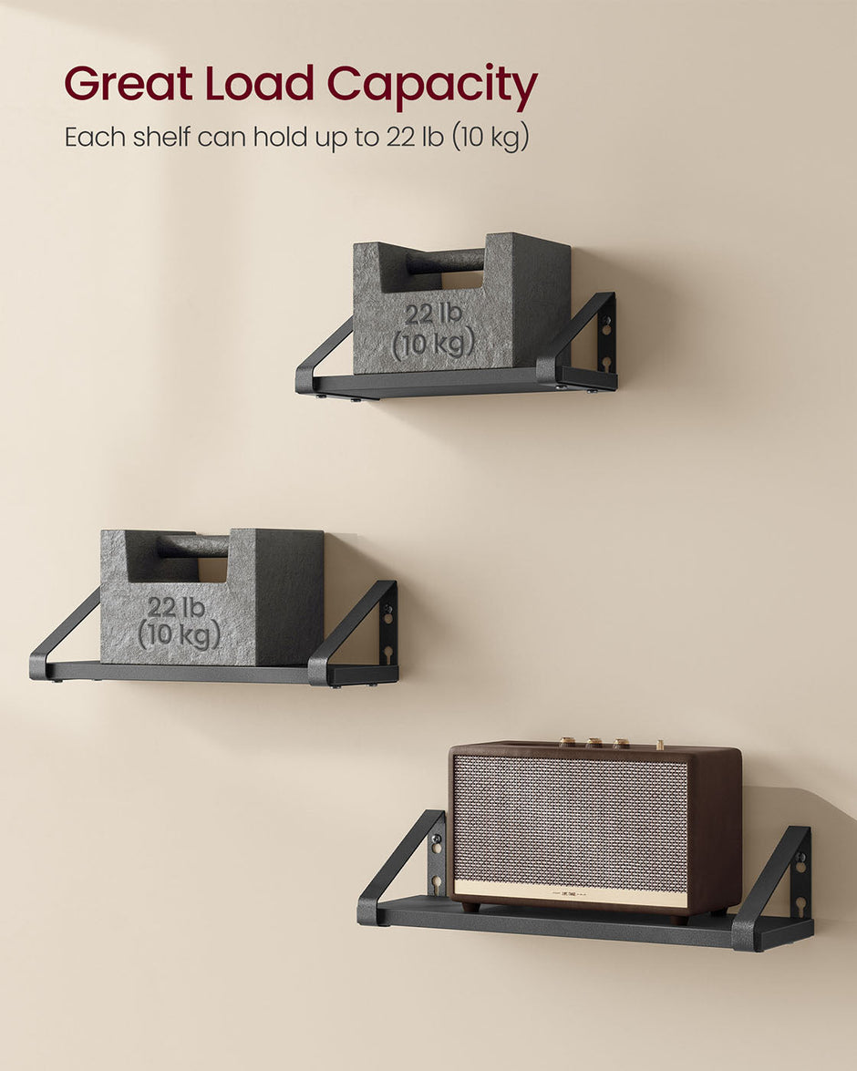 Set of 3 Floating Wall Shelves – Wood and Metal – Ink Black and Matte Black – Dual Mounting Options