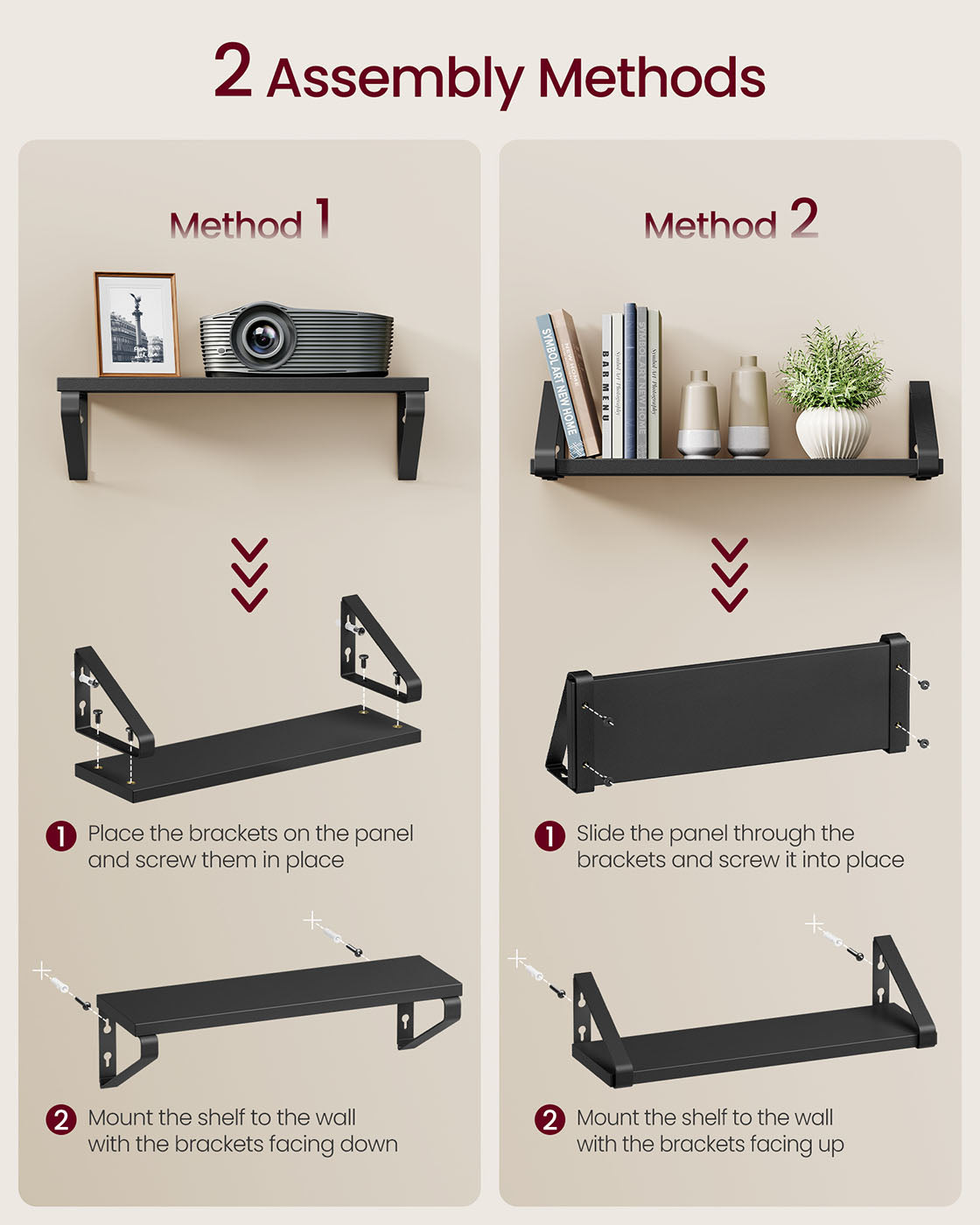 Set of 3 Floating Wall Shelves – Wood and Metal – Ink Black and Matte Black – Dual Mounting Options