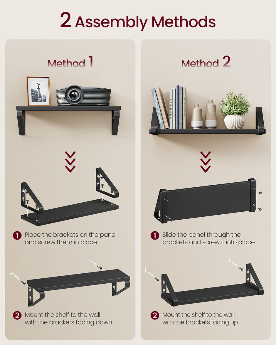 Set of 3 Floating Wall Shelves – Wood and Metal – Ink Black and Matte Black – Dual Mounting Options