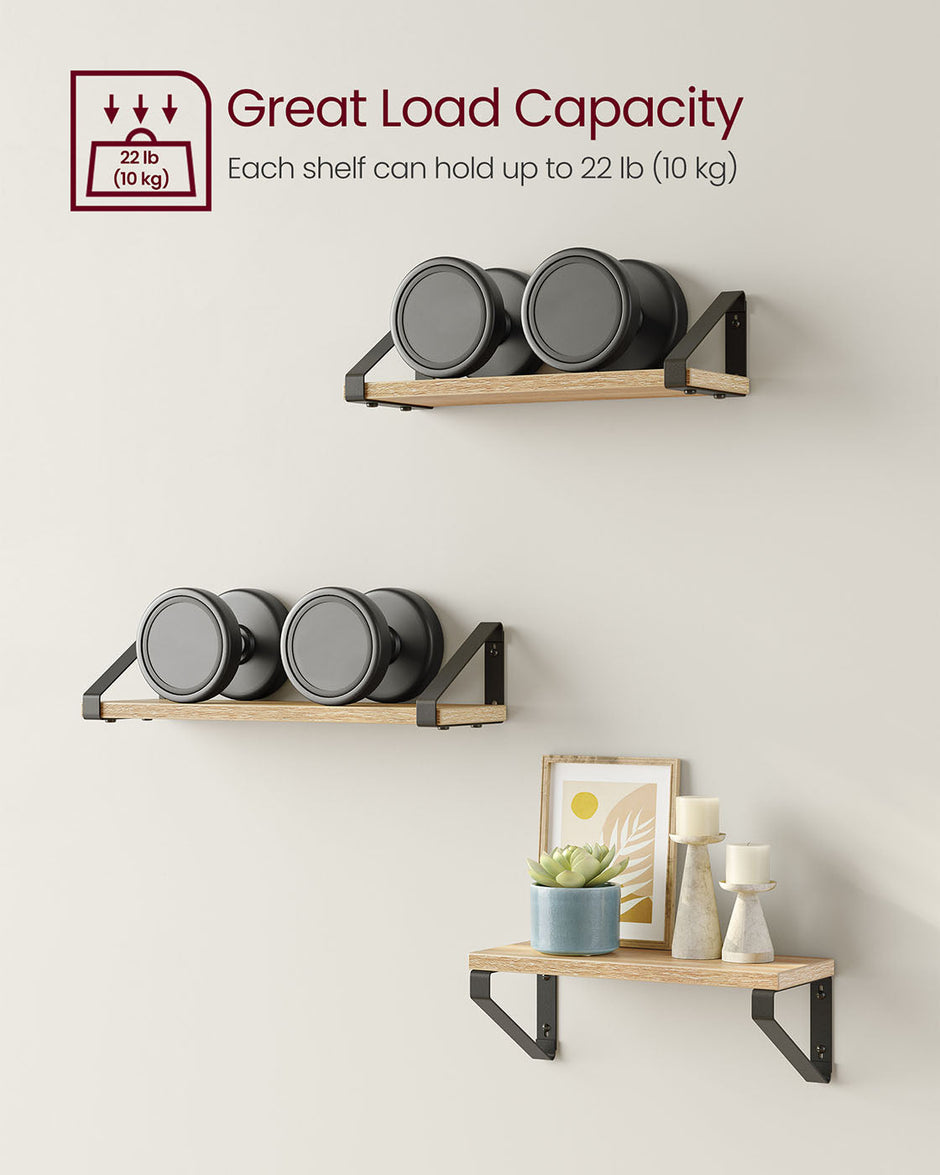 Set of 3 Floating Wall Shelves – Wood and Metal – Golden Oak and Matte Black – Dual Mounting Options