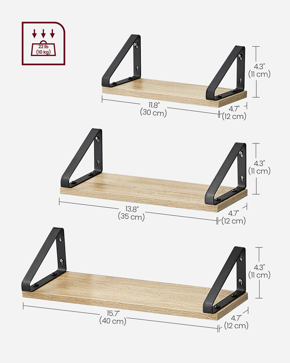 Set of 3 Floating Wall Shelves – Wood and Metal – Golden Oak and Matte Black – Dual Mounting Options