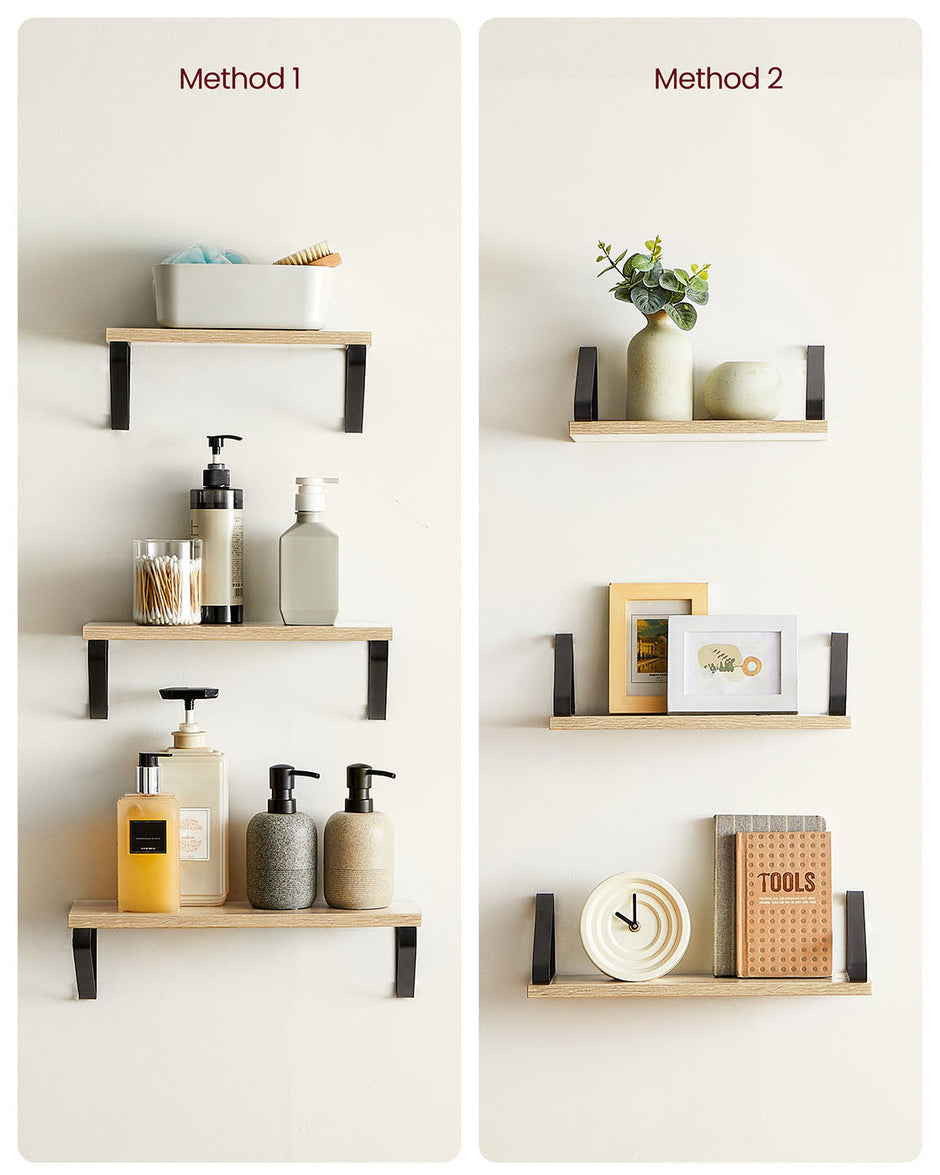Set of 3 Floating Wall Shelves – Wood and Metal – Golden Oak and Matte Black – Dual Mounting Options