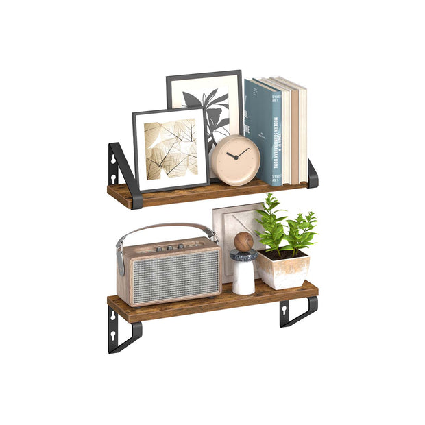 Set of 2 Floating Wall Shelves – Wood and Metal – Rustic Brown and Matte Black – Dual Mounting Options