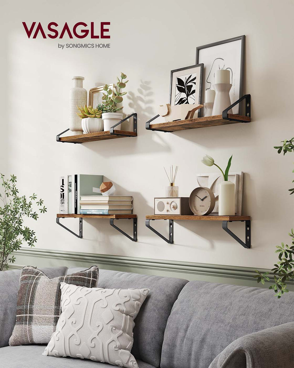 Set of 2 Floating Wall Shelves – Wood and Metal – Rustic Brown and Matte Black – Dual Mounting Options