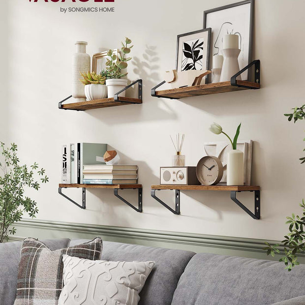 Set of 2 Floating Wall Shelves – Wood and Metal – Rustic Brown and Matte Black – Dual Mounting Options