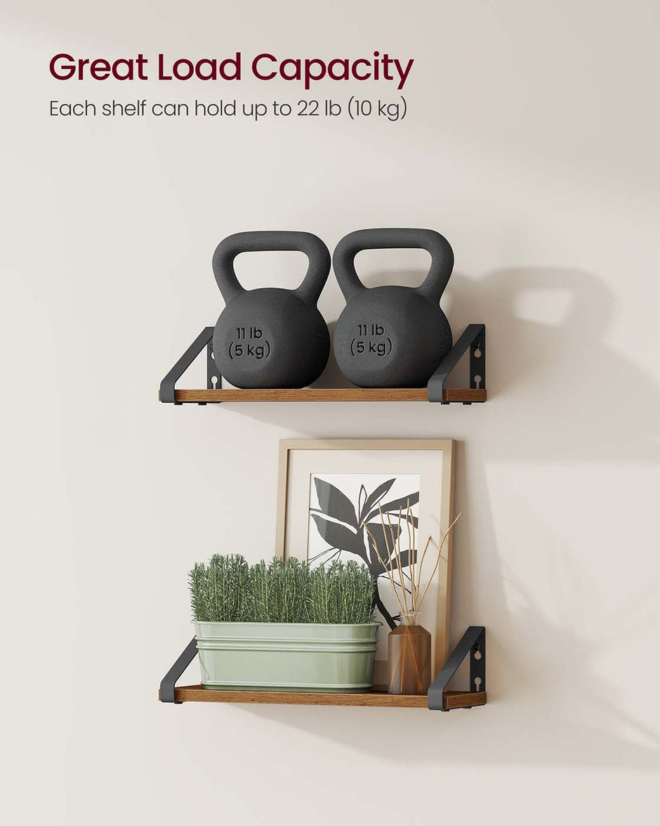 Set of 2 Floating Wall Shelves – Wood and Metal – Rustic Brown and Matte Black – Dual Mounting Options