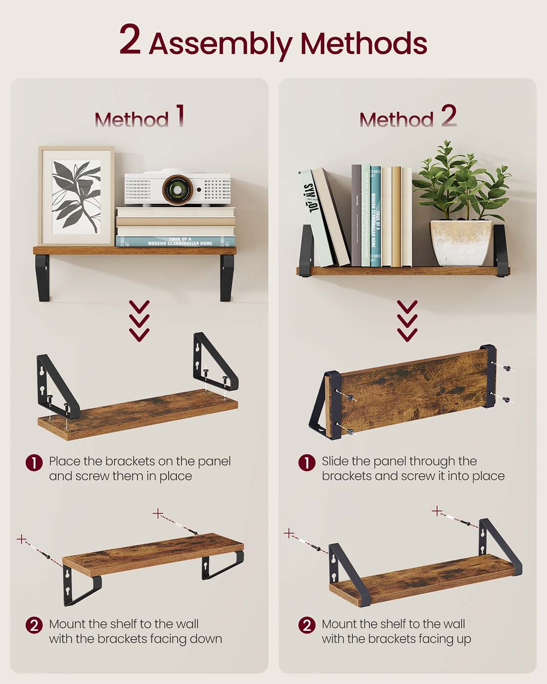 Set of 2 Floating Wall Shelves – Wood and Metal – Rustic Brown and Matte Black – Dual Mounting Options