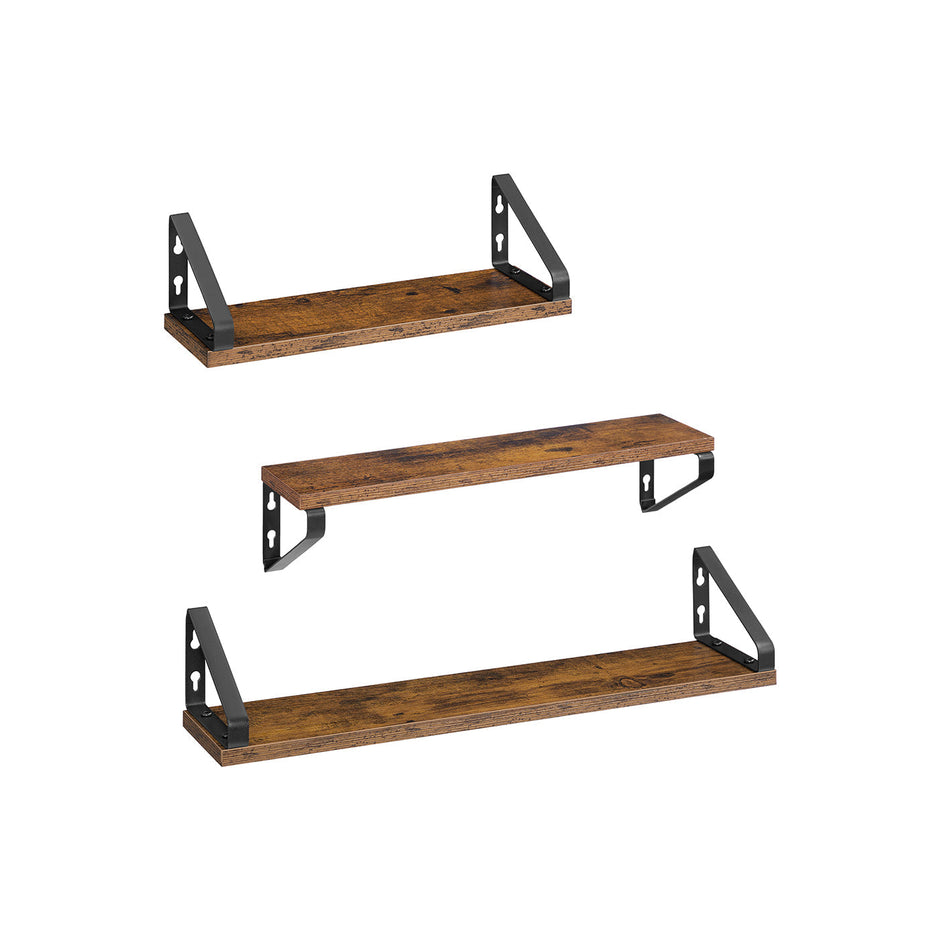 Set of 3 Floating Wall Shelves – Wood and Metal – Ink Black and Matte Black – Dual Mounting Options