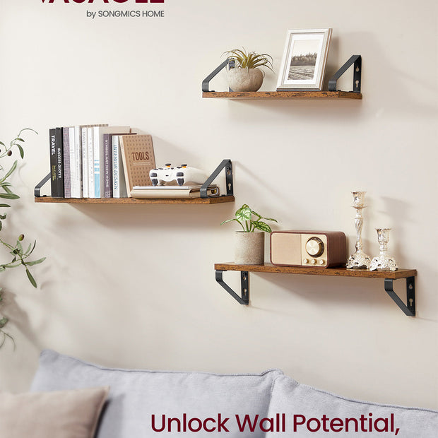 Set of 3 Wall Mounted Floating Shelves – Wood and Metal – Rustic Brown and Matte Black – Versatile 2 Mounting Options