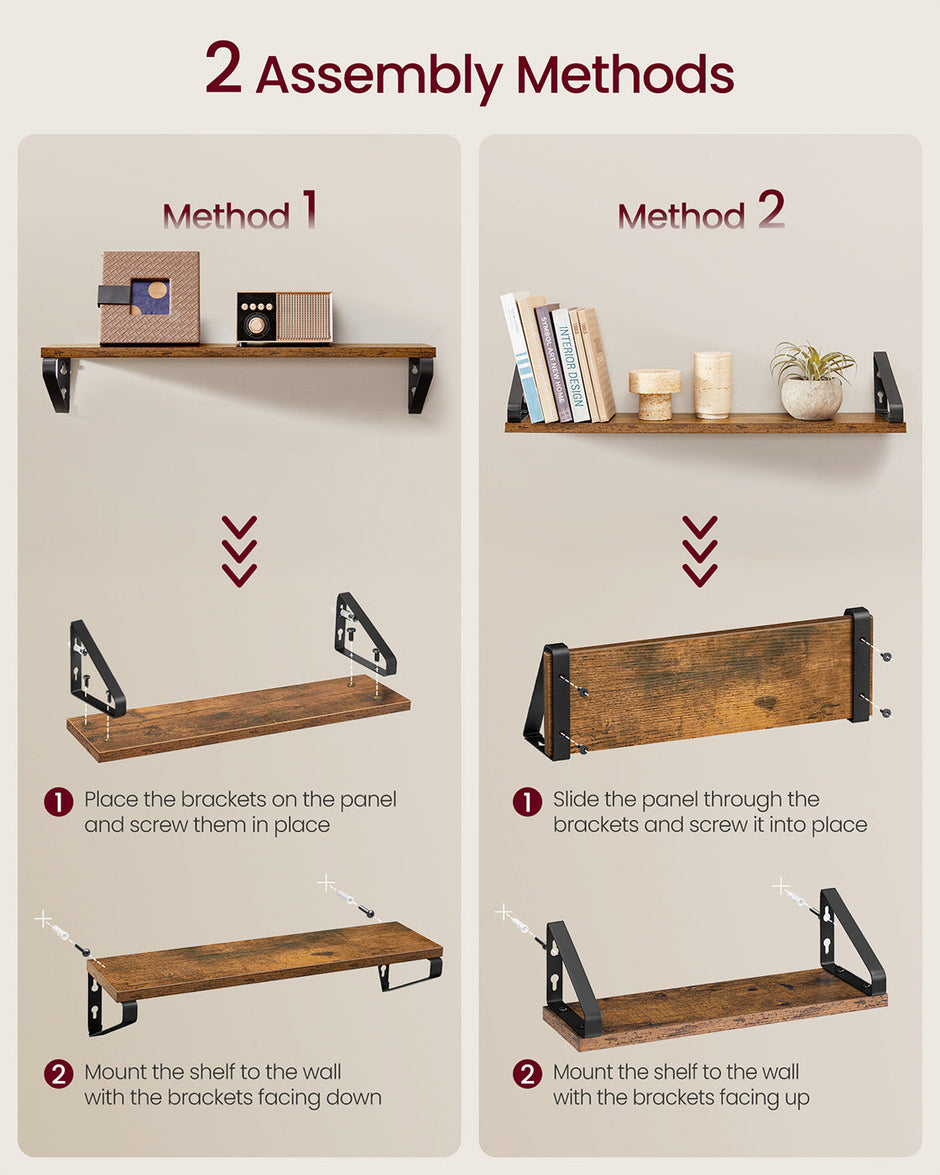 Set of 3 Wall Mounted Floating Shelves – Wood and Metal – Rustic Brown and Matte Black – Versatile 2 Mounting Options