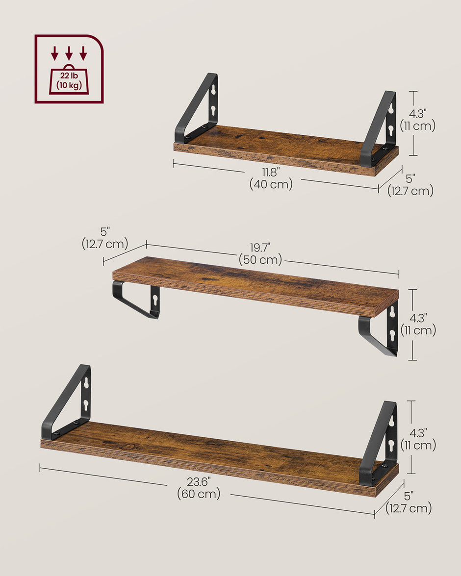 Set of 3 Wall Mounted Floating Shelves – Wood and Metal – Rustic Brown and Matte Black – Versatile 2 Mounting Options