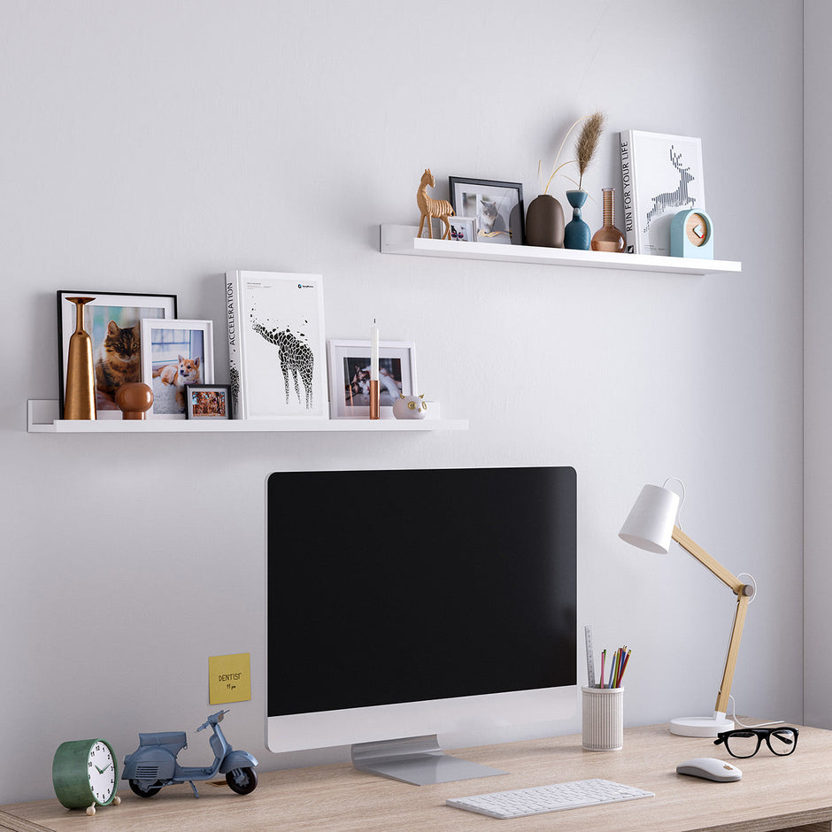 Set of 2 Floating Wall Shelves – Wood – Matte White – Front-Edge Design for Picture Frames and Trinkets