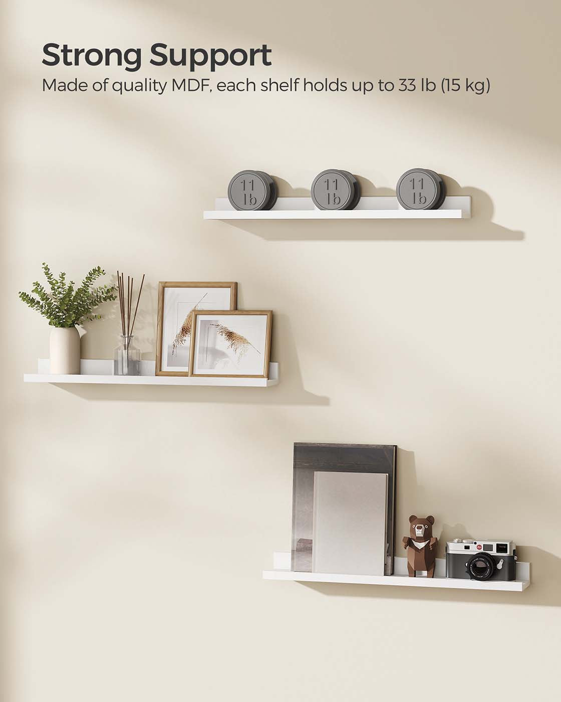 Floating Shelves – MDF – White – High-Gloss Finish – Set of 3, 10 x 80 cm