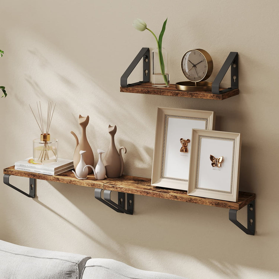 Set of 3 Wall Mounted Floating Shelves – Wood and Metal – Rustic Brown and Matte Black – Versatile Mounting Options