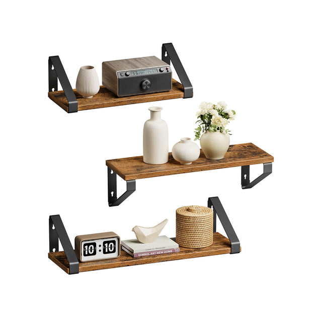 Floating Display Shelf Set – Wood – Rustic Brown – Wall Mounted, Industrial Design