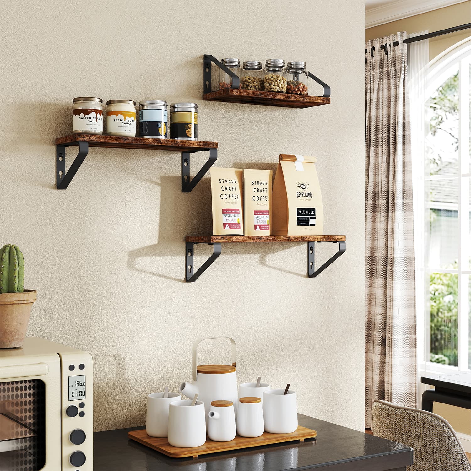 Set of 3 Wall Mounted Floating Shelves – Wood and Metal – Rustic Brown and Matte Black – Versatile Mounting Options